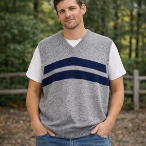 Vintage Gray Blue Striped Sweater Vest Men's‎ XL Ramie Wool Blend Classic Preppy